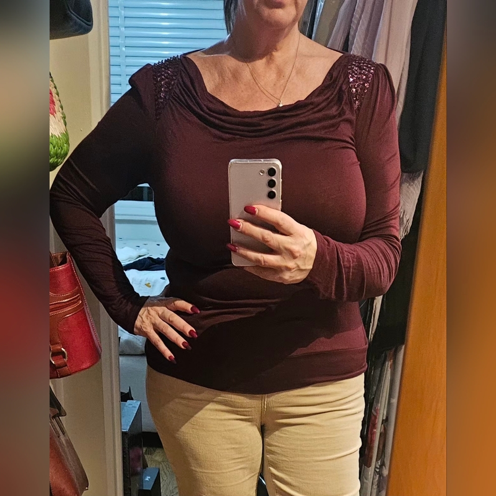Sequined Burgundy Top With Drop Neck